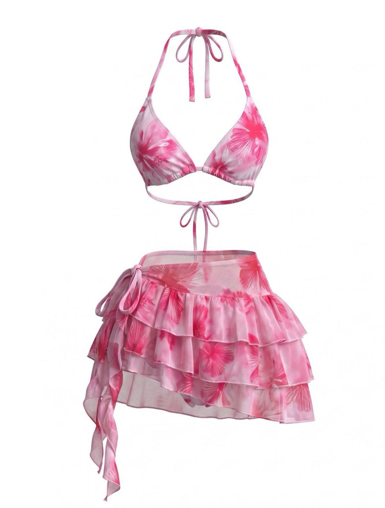 Rosa 80er Netz-Bikini-Set mit Neckholder und Blumen