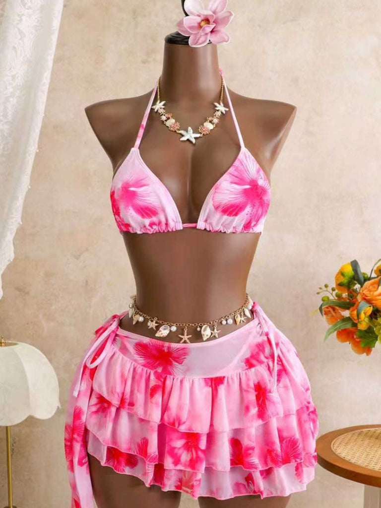 Rosa 80er Netz-Bikini-Set mit Neckholder und Blumen