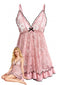 Rosa 80er Babydoll-Negligé mit Spitze und Rüschensaum