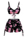 Schwarzes & Rosa 40er Bikini-Set mit Blumen-Print und Kordelzug
