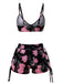 Schwarzes & Rosa 40er Bikini-Set mit Blumen-Print und Kordelzug