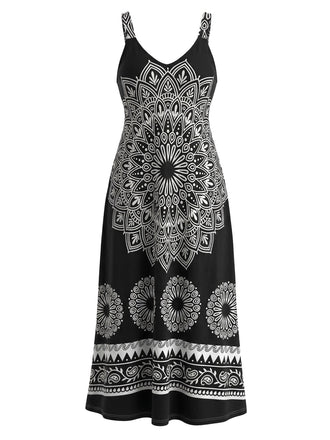 [Übergröße] Schwarzes 70er Bohemian Kleid mit V-Ausschnitt und Riemen