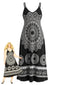 [Übergröße] Schwarzes 70er Boho-Kleid mit V-Ausschnitt