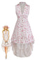 Lila 70er Kleid mit Streublumen und High-Low-Saum