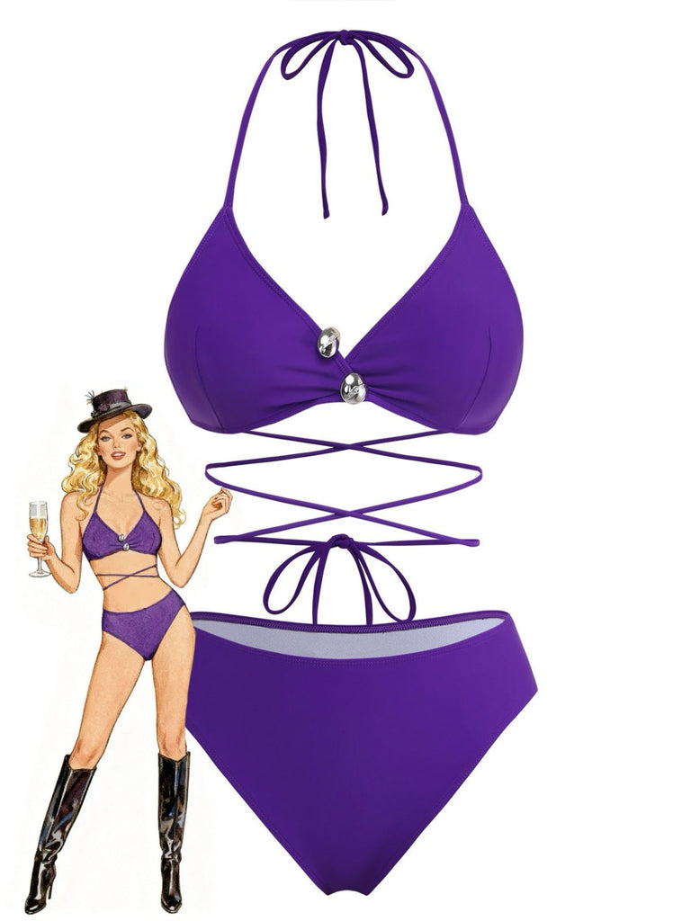 Lila 80er Bikini-Set & Shorts mit Neckholder und Schnürung