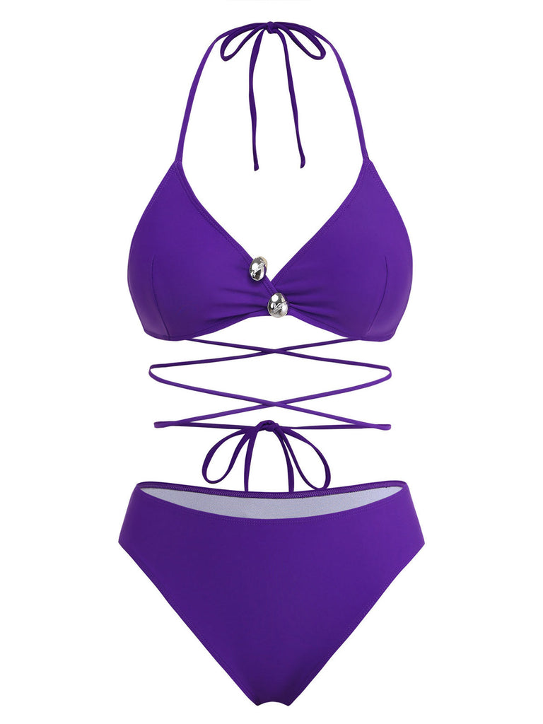 Lila 80er Bikini-Set & Shorts mit Neckholder und Schnürung