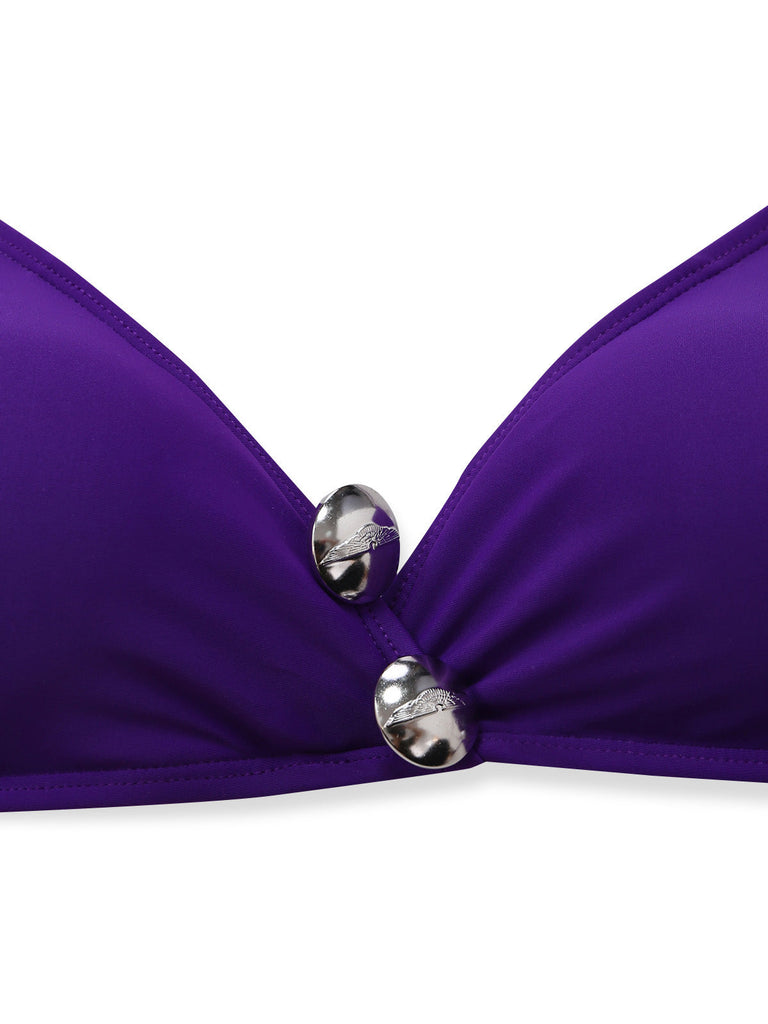 Lila 80er Bikini-Set & Shorts mit Neckholder und Schnürung