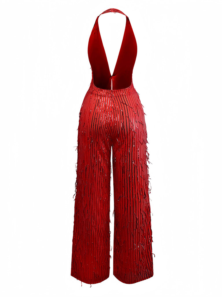 1970er Halter Tief V-Ausschnitt Paillette Franse Jumpsuit