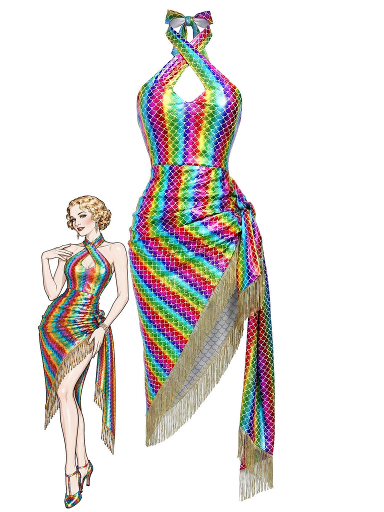 Regenbogen 80er Meerjungfrauenkleid mit Neckholder und Metallic