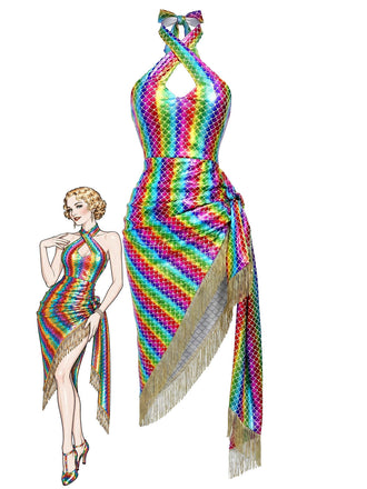 Regenbogen 80er Meerjungfrauenkleid mit Neckholder und Metallic