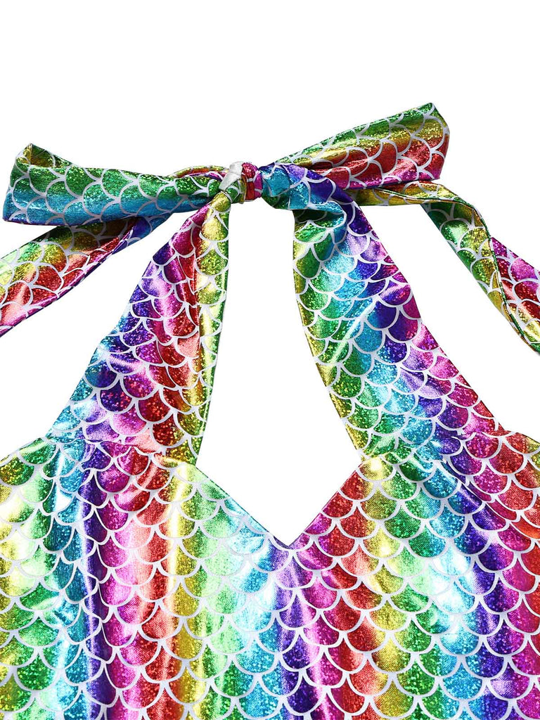 Regenbogen 80er Meerjungfrauenkleid mit Neckholder und Metallic