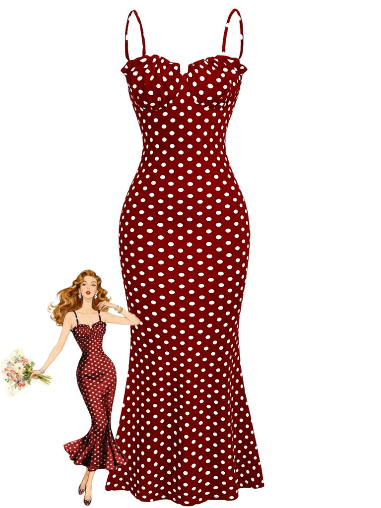 Rotes 30er Fischschwanzkleid mit Spaghettiträger und Polka-Dots