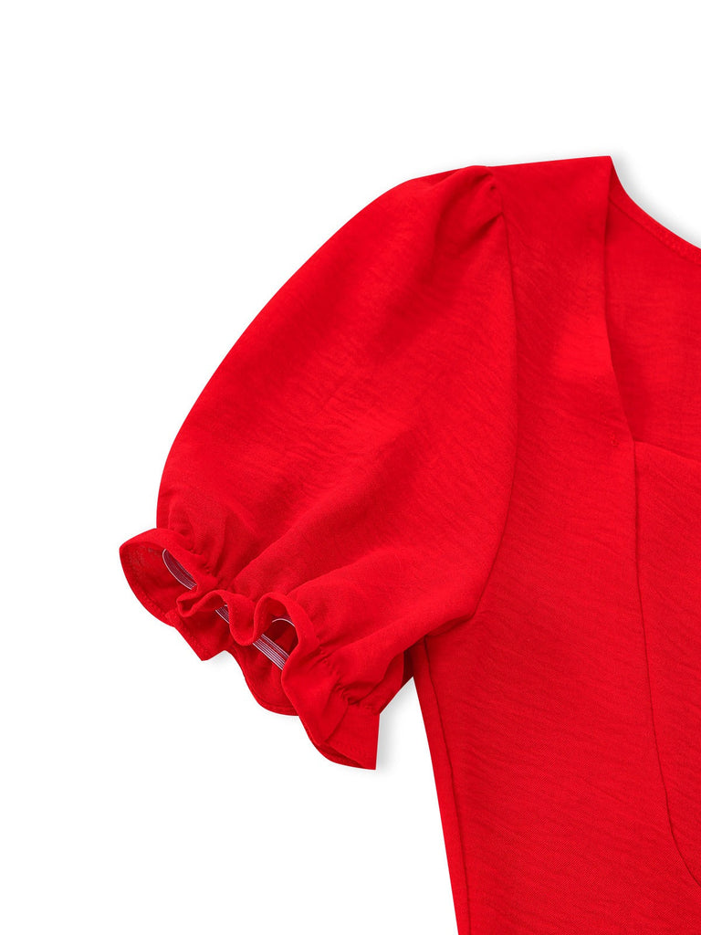 Rotes Empire-Kleid aus den 1940er Jahren mit einfarbigem Saum und Ärmelansicht