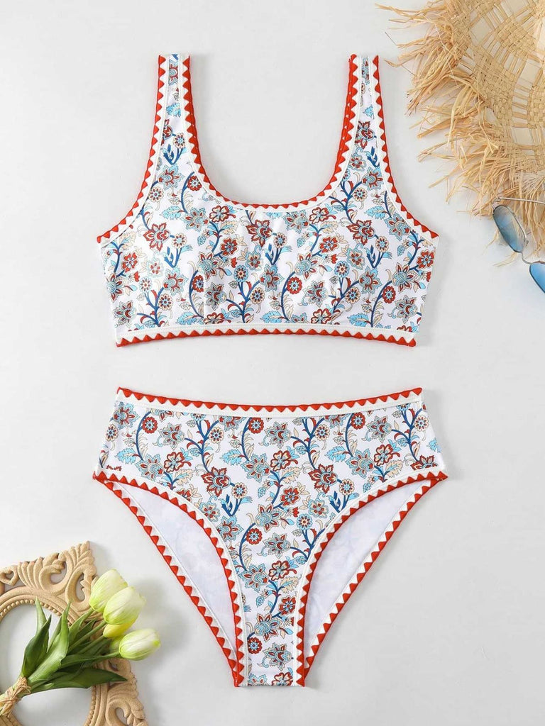 Rotes 50er Tankini-Set mit U-Ausschnitt und Blumen