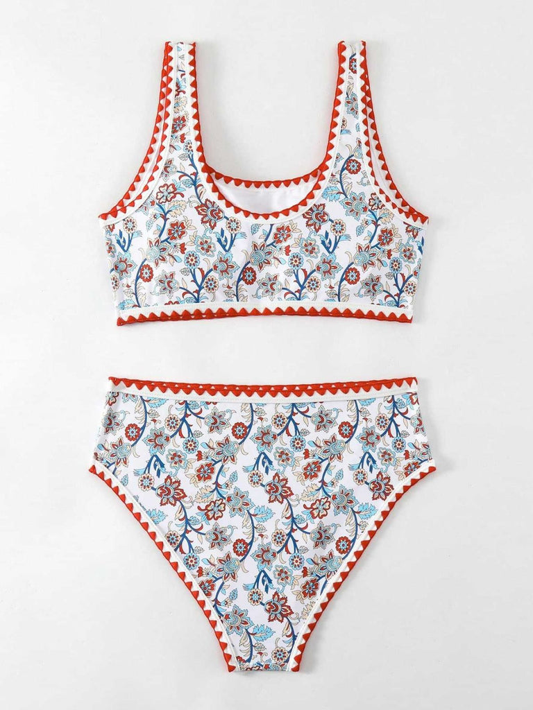 Rotes 50er Tankini-Set mit U-Ausschnitt und Blumen