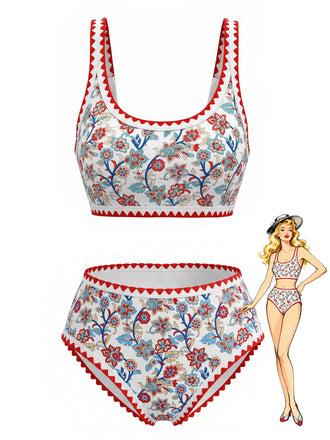 Rotes 50er Tankini-Set mit U-Ausschnitt und Blumen