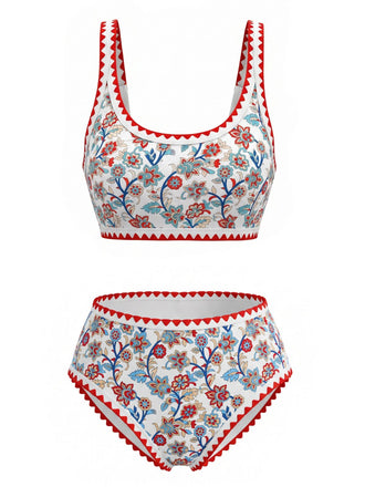 Rotes 50er Tankini-Set mit U-Ausschnitt und Blumen