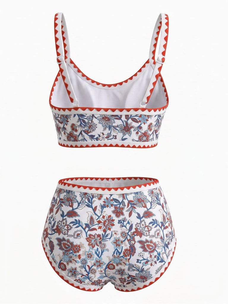 Rotes 50er Tankini-Set mit U-Ausschnitt und Blumen
