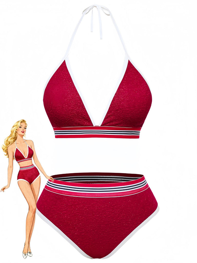 Rot 80er Bikini-Set & Shorts mit Neckholder und Hohe Taille