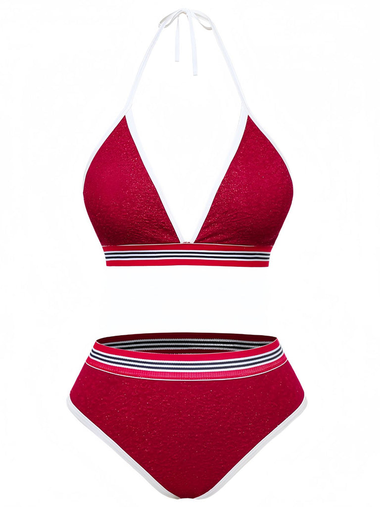 Rot 80er Bikini-Set & Shorts mit Neckholder und Hohe Taille