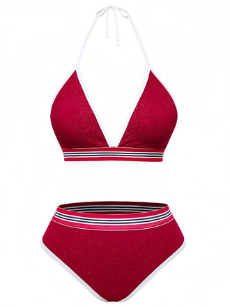 Rot 80er Bikini-Set & Shorts mit Neckholder und Hohe Taille
