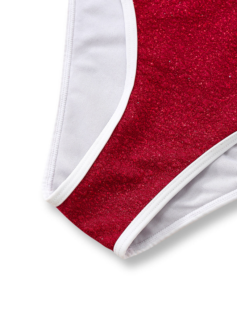 Rot 80er Bikini-Set & Shorts mit Neckholder und Hohe Taille