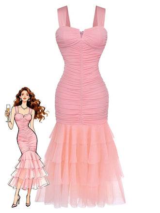 Rosa 1930er Solide Netz Patchwork Gerafft Enges Kleid