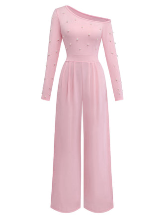 Eleganter Jumpsuit im Vintage-Stil mit langen Ärmeln, asymmetrischem One-Shoulder-Design und Perlenapplikationen, ideal für Abendveranstaltungen und formelle Anlässe.