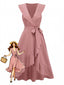 1930er Uni V-Ausschnitt Rüschen Saum Bindeband Kleid
