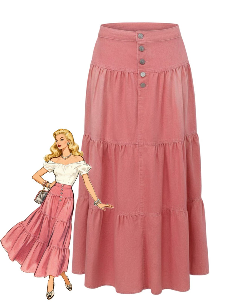 Rosa-1940er-Jeansstoff-Durchgeknöpft-Gestuft-Maxi-Rock-model