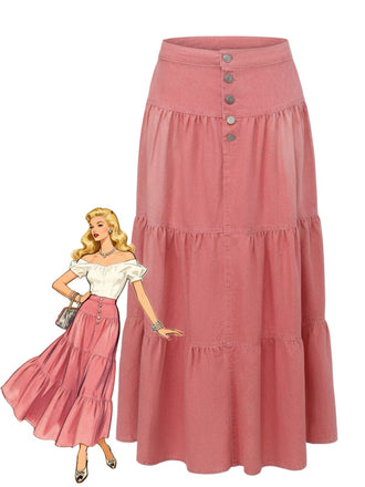 Rosa-1940er-Jeansstoff-Durchgeknöpft-Gestuft-Maxi-Rock-model