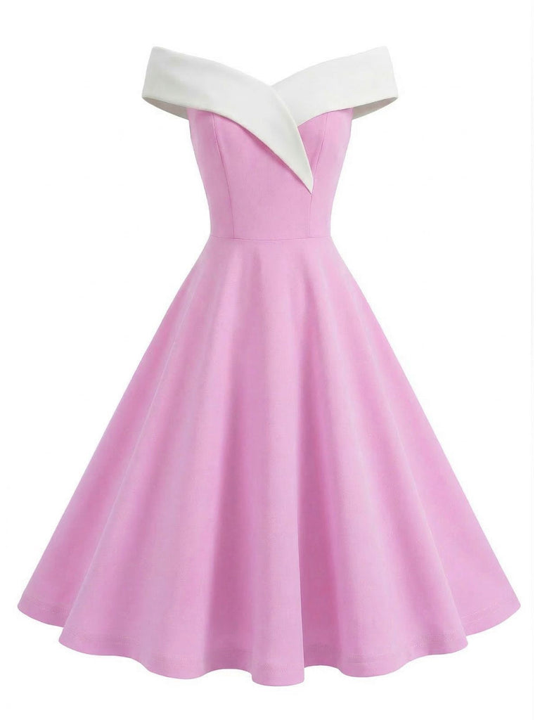 Rosa Kleid mit weißem schulterfreiem Ausschnitt auf weißem Hintergrund