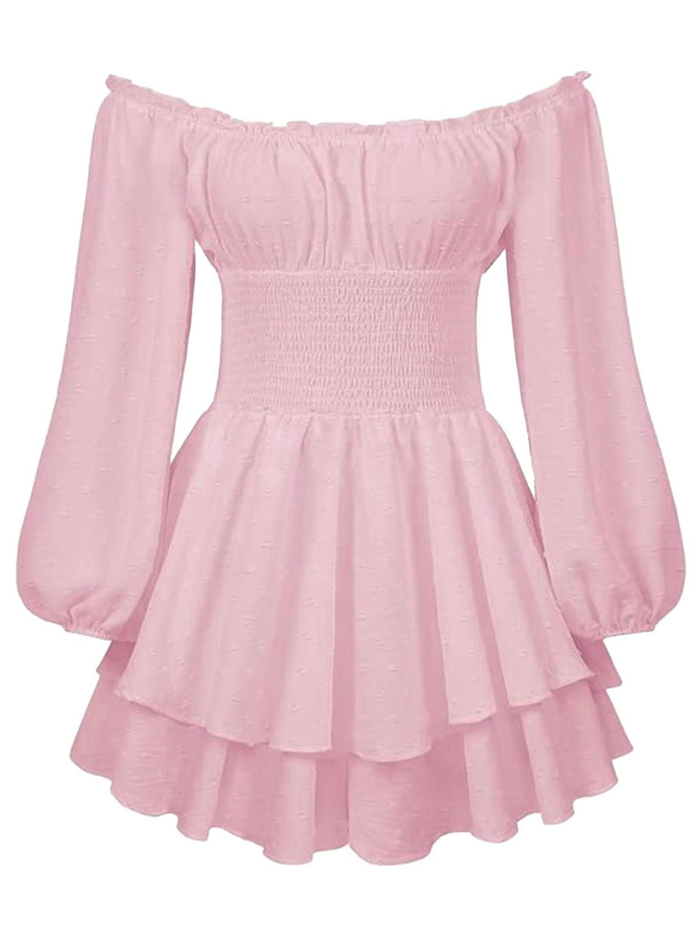 Rosa 1950er Uni Schulterfrei Langarm Gesmoked Mini Kleid