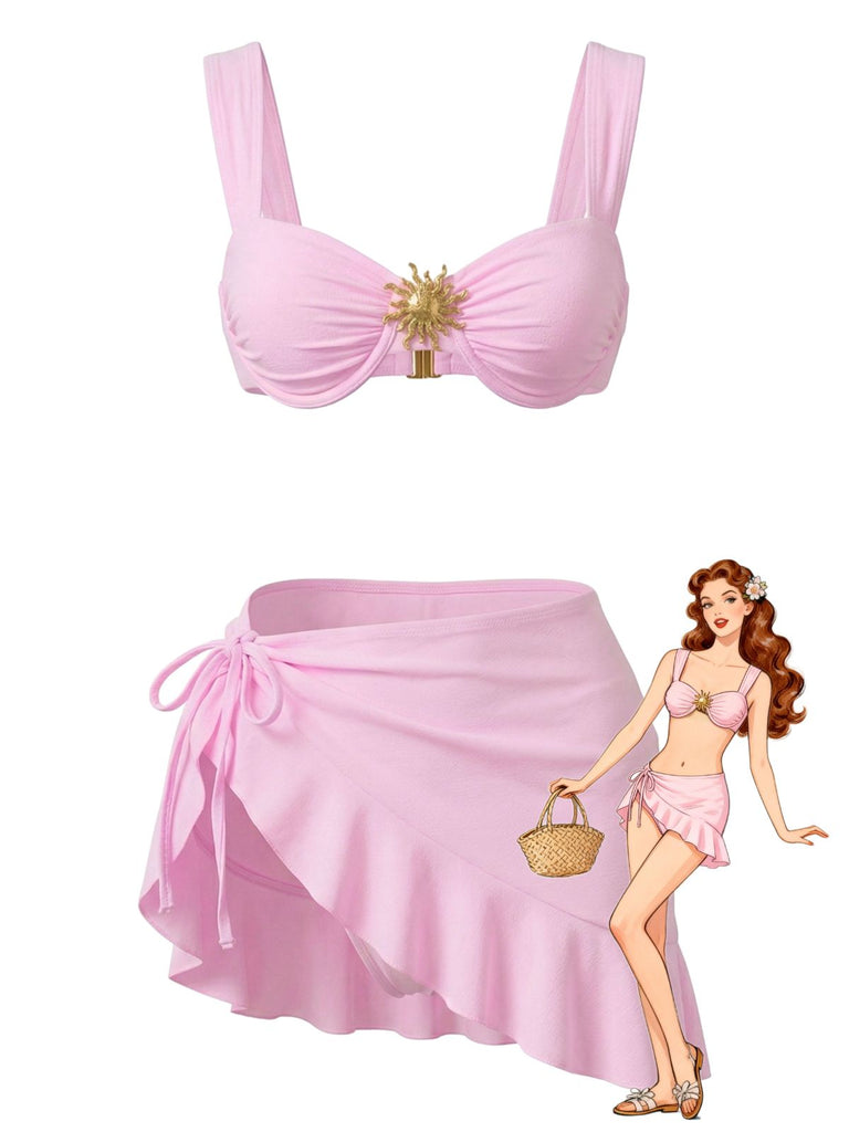 3PCS Rosa 1950er Uni Metall Sonne Kette Akzent Bikini Set & Cover-Up