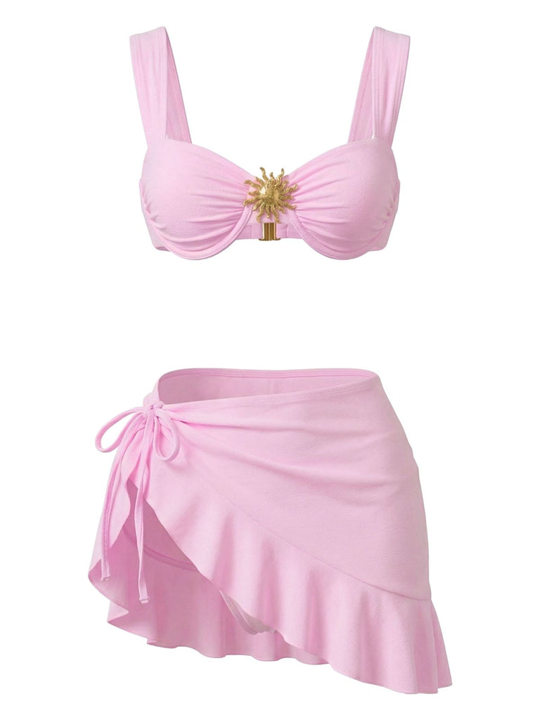 3PCS Rosa 1950er Uni Metall Sonne Kette Akzent Bikini Set & Cover-Up