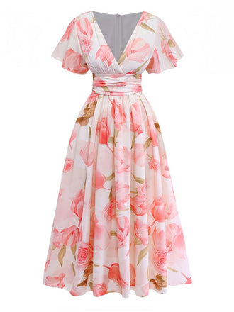 Rosa 1950er Blumen Druck V-Ausschnitt Puffärmel Maxi Kleid
