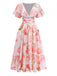 Rosa 1950er Blumen Druck V-Ausschnitt Puffärmel Maxi Kleid