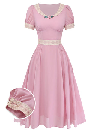 Rosa 1950er V-Ausschnitt Spitze Rose Kleid-with-detail