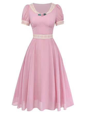 Rosa 1950er V-Ausschnitt Spitze Rose Kleid