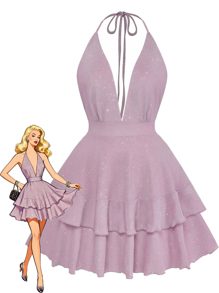 Lavendelfarbenes Kleid mit Rüschenlagen und eine Frau, die es trägt, vor weißem Hintergrund