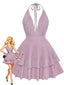 Rosa 1960er Solide Glitzer Tief V-Ausschnitt Mini Kleid