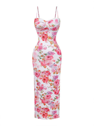 Rosa 1980er Blumen Druck Trägerlos Figurbetont Maxi Kleid