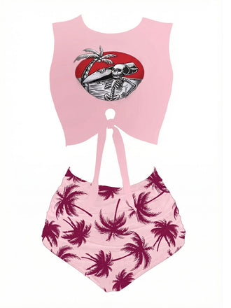 Rosa 1980er Punk Taillen Tie Skeleton Strand Tankini Set