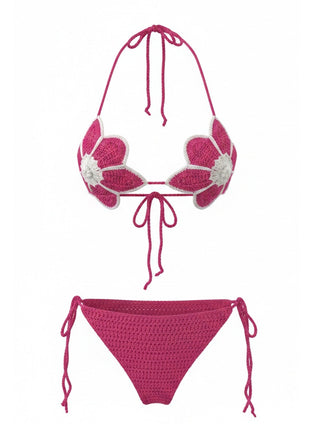 Rosarot 80er Bikini-Set & Shorts mit Blumen und Hand