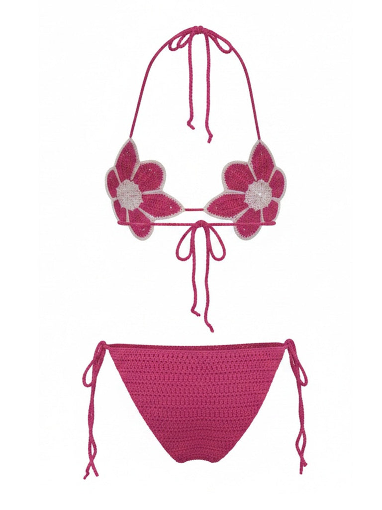 Rosarot 80er Bikini-Set & Shorts mit Blumen und Hand