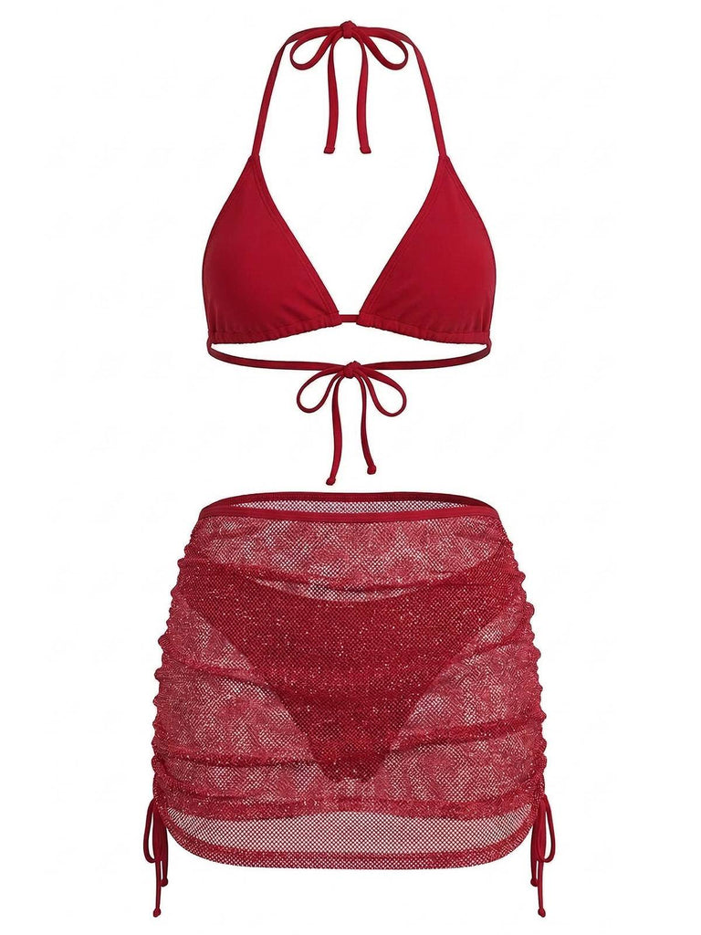 Rot 1940er Uni Halter Bikini Set & Häkel Cover-Up