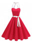 Rotes 1950er Polka Dot Halter Gürtel Swing Kleid