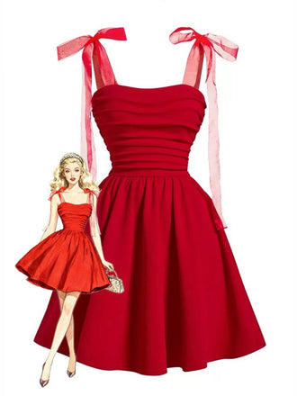 Rot 1950er Netz Bogen Träger Gerafft Kleid-model