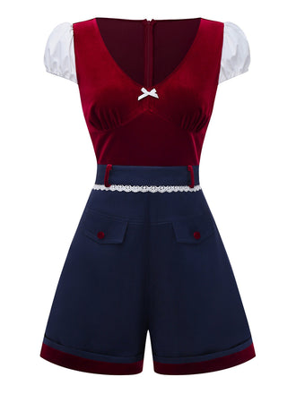 Rot 1950er V-Ausschnitt Bogen Patchwork Romper