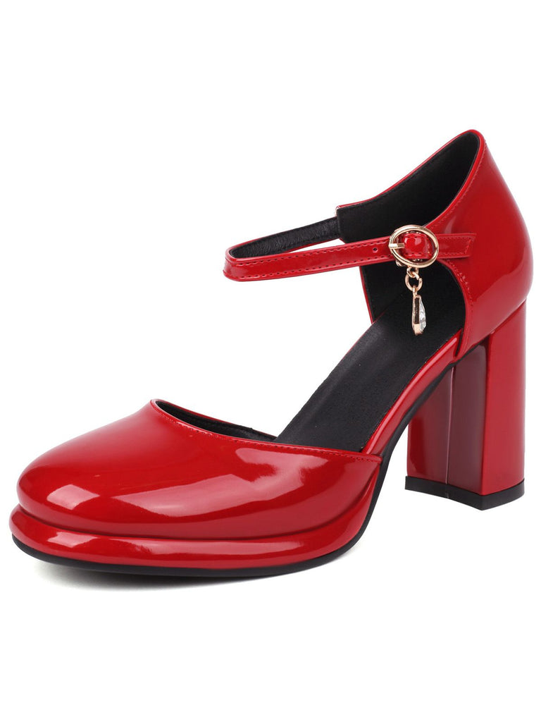 Rot Vintage Lackleder Knöchelriemen Block Absatz Pumps